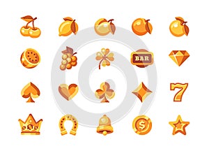 Classic gold slot machine symbol collection. Casino flat icons