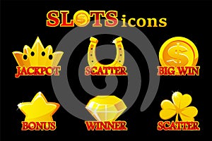 Classic gold slot machine symbol collection. Casino icons scatter,big win, winner, jackpot and bonus