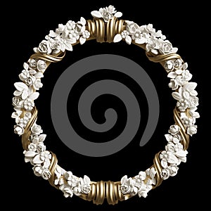 Classic golden round frame with ornament decor isolated on black background