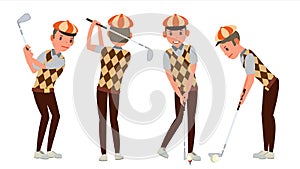 Classic Golf Player Vector. Swing Shot On Course. Diferent Poses. Flat Cartoon Illustration