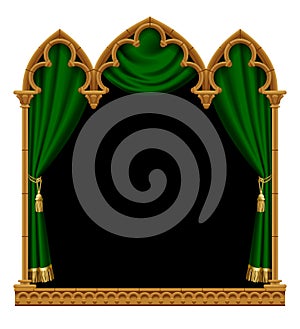 Classic gothic architectural decorative frame with a green curtain on black