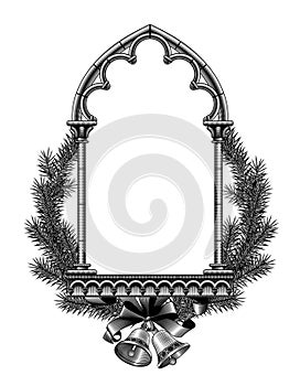 Classic Gothic frame framed by spruce branches with bells isolated on white