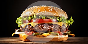 Classic Gourmet Cheeseburger on Wooden Table with Fresh Lettuce, Grilled Beef, and Cheddar Cheese: A Delicious American