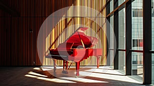 Classic grand red piano in aesthetic minimalist style room interior full of light. Musical concept. Generative AI