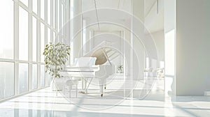 Classic grand white piano in aesthetic minimalist style room interior full of light. Musical concept. Generative AI