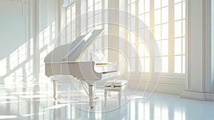 Classic grand white piano in aesthetic minimalist style room interior full of light. Musical concept. Generative AI