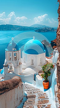 Classic Greek Island Architecture with Whitewashed Walls and Blue Domes