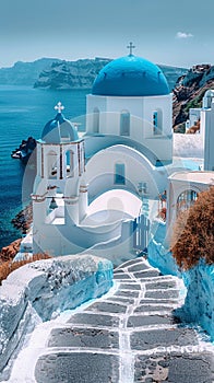 Classic Greek Island Architecture with Whitewashed Walls and Blue Domes