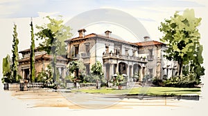 Classic Green Architecture Sketch From 1800s Wine Country Italy
