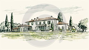 Classic Green Architecture Sketch From 1800s Wine Country Italy