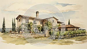 Classic Green Architecture Sketch From 1800s Wine Country Italy
