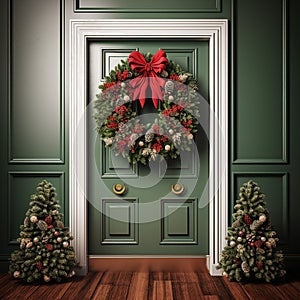 Classic green door with Christmas wreath.