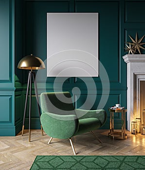 Classic green interior with armchair, fireplace, candle, floor lamp, carpet.