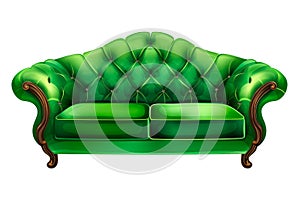 Classic green leather sofa with pillows isolated on white background