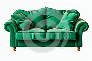 Classic green leather sofa with pillows isolated on white background