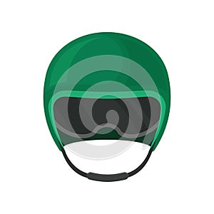 Classic green motorcycle helmet with goggles, front view. Protective hat for motorcyclist. Flat vector icon