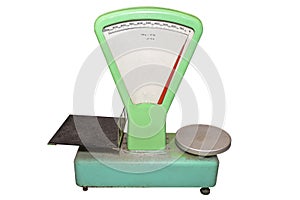 Classic, green weight scale, isolated on a white background with a clipping path.