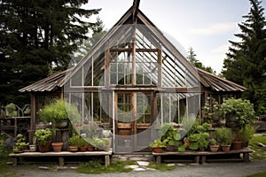 classic greenhouse with a glass roof and rustic wood frame
