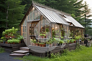 classic greenhouse with a glass roof and rustic wood frame