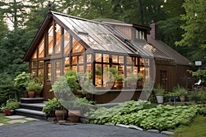 classic greenhouse with a glass roof and rustic wood frame