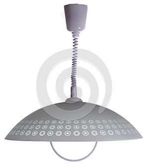 Classic grey glass dome pendant light with circles pattern shade on a cable stem isolated on white background