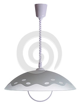 Classic grey glass dome pendant light with wave and circles pattern shade on a cable stem isolated on white background