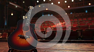 classic guitar on guitar stand on empty stage background. Generative Ai