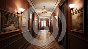 Classic hallway in an old building with a long corridor. Colonial, country style