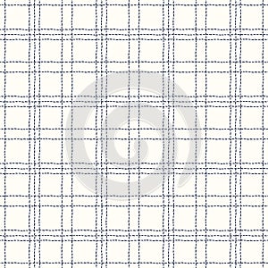 Classic Hand-Drawn White and Blue Stitched Plaid Checks Vector Seamless Pattern
