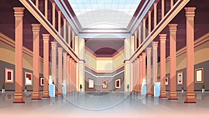 Classic historic museum art gallery hall with columns and glass ceiling interior ancient exhibits and sculptures