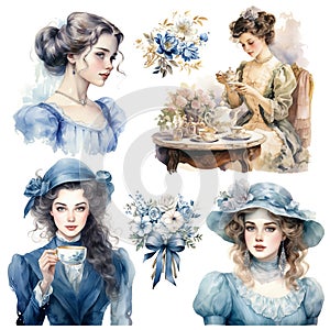 classic historical vintage ladies tea time in 1910, watercolor painting illustration