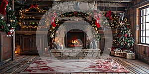 Classic holiday scene with fireplace ornaments and cozy nook in chalet. Concept Holiday Decor, Cozy Fireplace, Rustic Chalet,