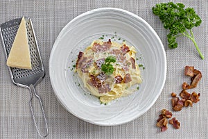 Classic Homemade Pasta Carbonara Italian. Spaghetti with bacon,