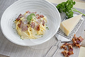 Classic Homemade Pasta Carbonara Italian. Spaghetti with bacon,