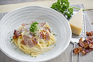 Classic Homemade Pasta Carbonara Italian. Spaghetti with bacon,