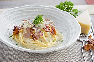 Classic Homemade Pasta Carbonara Italian. Spaghetti with bacon,