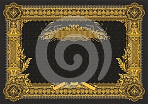 A classic horizontal form for creating diplomas, certificates and other securities. Golden elements on a black background.