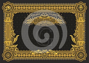 A classic horizontal form for creating diplomas, certificates and other securities with Masonic symbols. Golden elements on a blac