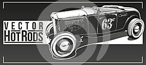 Classic hot rod in vector. Black and white illustration.