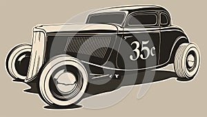 Classic hot rod in vector. Black and white illustration.