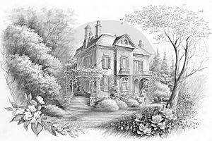 classic house with climbing roses and blooming garden, pencil sketch