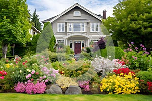 classic house with flower garden at sunny summer day - american dream style, neural network generated image