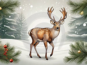 Classic Illustration of One Christmas Deer on the Christmas Background