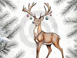 Classic Illustration of One Christmas Deer on White Background