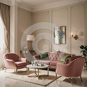 Classic interior Art deco style.Sofa,chairs,table with lamp.Marble floor and rug.ing