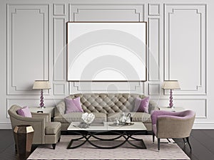 Classic interior in beige and pink colors.Sofa,chairs,sidetables with lamps,table with decor.White color walls with