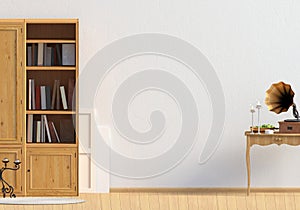 Classic interior with bookcase. Wall mock up.