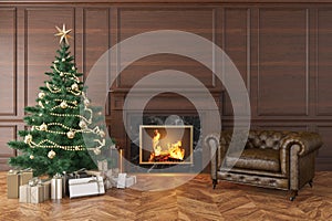 Classic interior with christmas tree, fireplace, lounge armchair