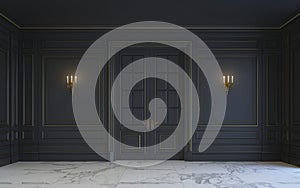 A classic interior is in dark tones. 3d rendering.