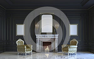 A classic interior is in dark tones with fireplace. 3d rendering.